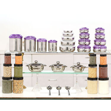 17 Pcs Colored Stainless Steel Storage Set + 3 Pcs Serving Handi Set + 3 Pcs Serving Spoon + Free 12 Pcs Storage Set (55SS2)