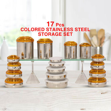 17 Pcs Colored Stainless Steel Storage Set + 3 Pcs Serving Handi Set + 3 Pcs Serving Spoon + Free 12 Pcs Storage Set (55SS2)