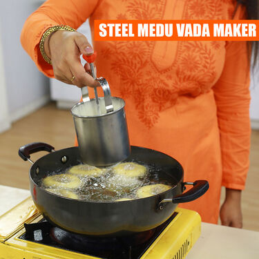 12 Cavity Nonstick Appam Patra + Steel Medu Vada Maker + Appa Chetty + Free Mini Coconut Scraper (1AP1MW2)