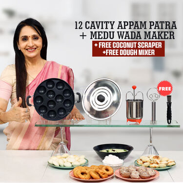 12 Cavity Nonstick Appam Patra with Lid + Stainless Steel Medu Wada Maker+Free Mini Coconut Scraper+Free Dough Mixer(1AP1MW3)