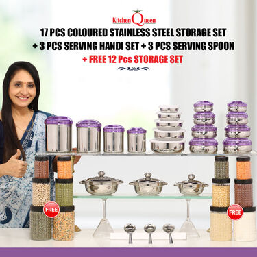 17 Pcs Colored Stainless Steel Storage Set + 3 Pcs Serving Handi Set + 3 Pcs Serving Spoon + Free 12 Pcs Storage Set (55SS2)