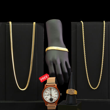 2 Golden Chain + Bracelet + Ring + Free Watch (2GCBRW13)