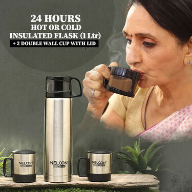 24 Hours Hot or Cold Insulated Flask (1.0 Ltr) + 2 Double Wall Cup With Lid (1F2C2)