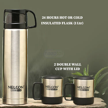 24 Hours Hot or Cold Insulated Flask (1.0 Ltr) + 2 Double Wall Cup With Lid (1F2C2)