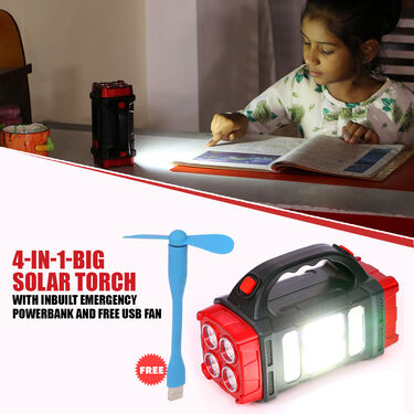 4-in-1 Big Solar Torch with Inbuilt Emergency Powerbank And Free Adjustable USB Fan (PB8)