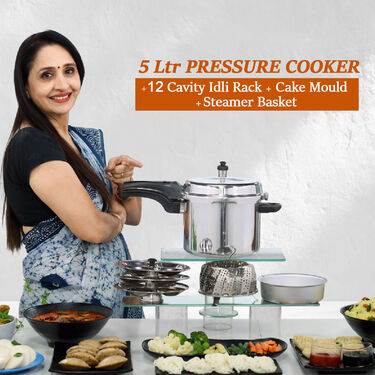 5 Ltr Pressure Cooker + 12 Cavity Idli Rack + Cake Mould + Steamer Basket (1PC1CM1SB1)