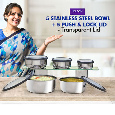 5 Stainless Steel Bowl + 5 Push & Lock Lid (10PL2)