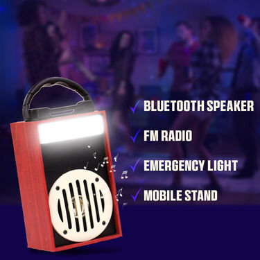 4 in 1 Wooden Bluetooth Speaker + FM Radio + Emergency Light + Mobile Stand (WBS)