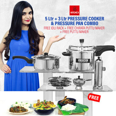 5 + 3 Ltr Pressure Cooker & Pressure Pan Combo + Free Idli Rack + Free Chirata + Free Puttu Maker (1PC1PP2)