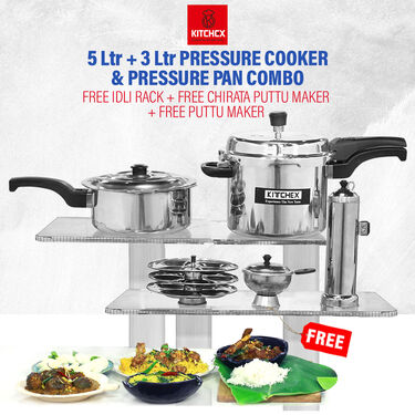 5 + 3 Ltr Pressure Cooker & Pressure Pan Combo + Free Idli Rack + Free Chirata + Free Puttu Maker (1PC1PP2)