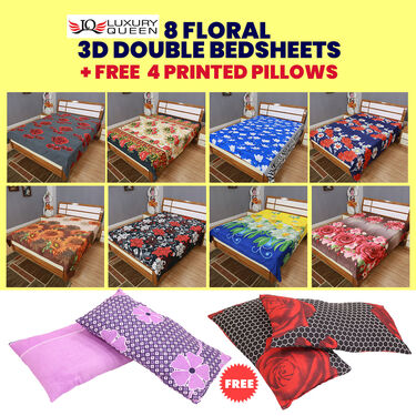 Pack of 8 Floral Delight Double Bedsheets with 4 Filled Pillows (8BS4P1)