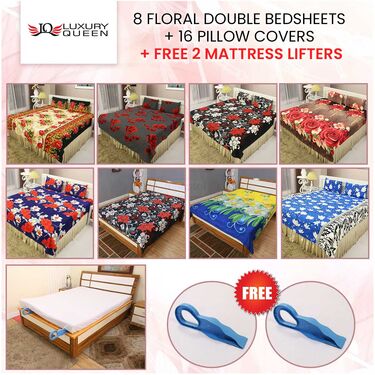 Pack Of 8 Double Besdsheets with 16 Pillow covers + 2 Matress Lifter Free (8BS52)