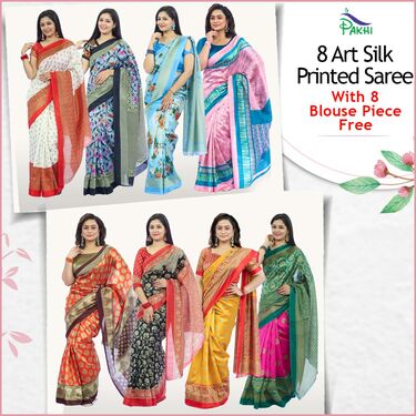 8 Printed Art Silk Sarees with 8 Free Blouse Piece (8AS3)