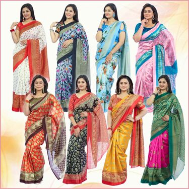 8 Printed Art Silk Sarees with 8 Free Blouse Piece (8AS3)