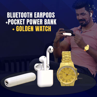 Bluetooth Earpods + Pocket Power Bank + Golden Watch (PB1)