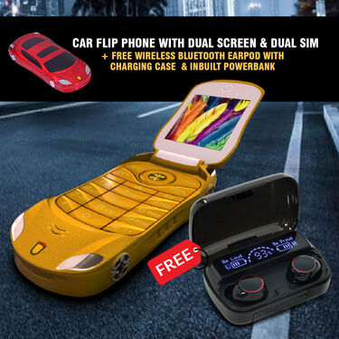 Car Flip Phone with Dual Screen & Dual SIM + Free Wireless Bluetooth Earpods with Charging Case & Inbuilt Powerbank (CSM11)