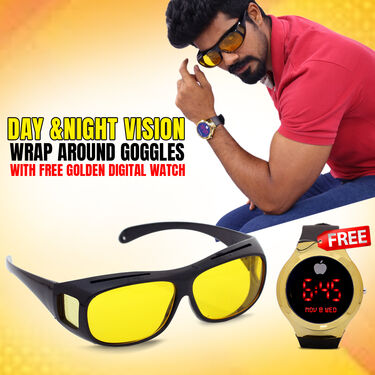 Day & Night HD Night Vision Wrap Around + Free Stylish Golden Digital Watch (WA4)