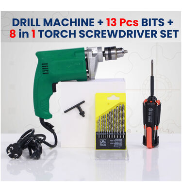 Drill Machine + 13 Pcs Bits + 8 in 1 Torch Screwdriver Set (PT2)