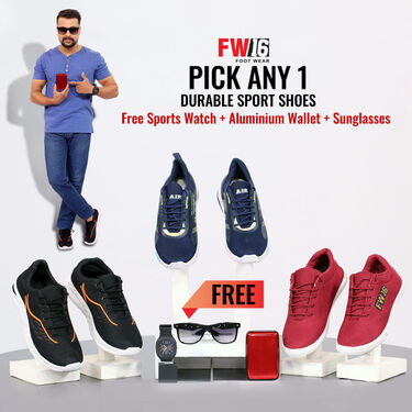 Durable Sports Shoes Pick Any 1 + Free Sports Watch + Aluminium Wallet + Sunglasses (SW70)