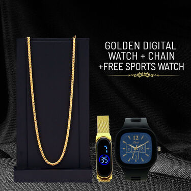 Golden Digital Watch + Chain with Free Watch (GDWCFW1)