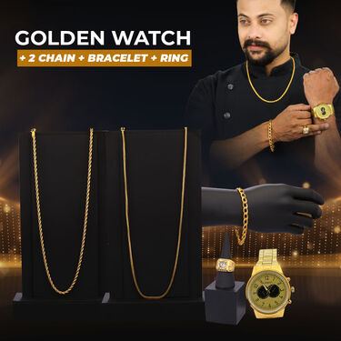 Golden Watch + 2 Chain + Bracelet + Ring (MGW2CBR4)