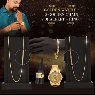 Golden Watch + 2 Golden Chain + Bracelet + Ring (MGW2CBR3)