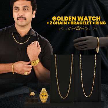 Golden Watch + 2 Chain + Bracelet + Ring  (MGW2CBR6)