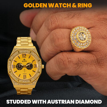 Golden Watch + 2 Chain + Bracelet + Ring  (MGW2CBR6)