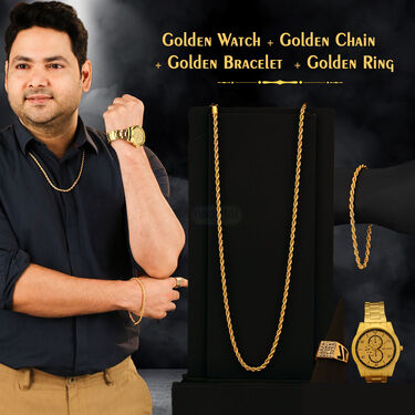 Golden Watch + Chain + Bracelet + Ring (MGWCBR13)