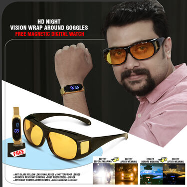 Day & Night HD Vision Wrap Around Goggles with Free Magnetic Digital Watch