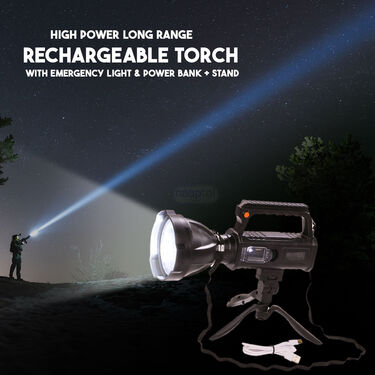 High Power long Range Rechargeable Torch with Emergency Light & Power Bank + Stand (EL5)