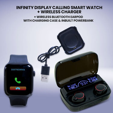 Infinity Display Calling Smart Watch I8 + Wireless Bluetooth Earpod with Inbuilt Charging Case M10 (BCSW5)