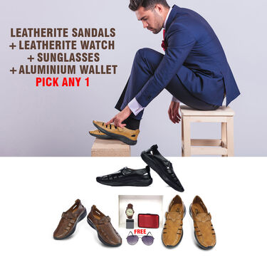 Leatherite Sandals + Leatherite Watch + Sunglasses + Aluminium Wallet - Pick Any 1 (SW37)