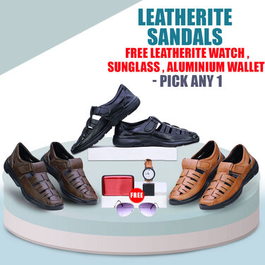 Leatherite Sandals + Leatherite Watch + Sunglasses + Aluminium Wallet - Pick Any 1 (SW49)