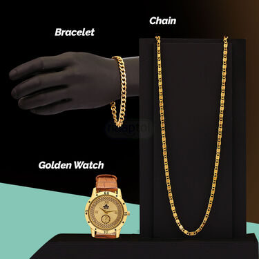 Golden Watch + Chain + Bracelet (MGWCB9)