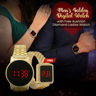 Men's Golden Digital Watch with Free Austrian Diamond Ladies Watch (MLGW7)