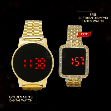 Men's Golden Digital Watch with Free Austrian Diamond Ladies Watch (MLGW7)