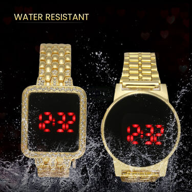 Men's Golden Digital Watch with Free Austrian Diamond Ladies Watch (MLGW7)