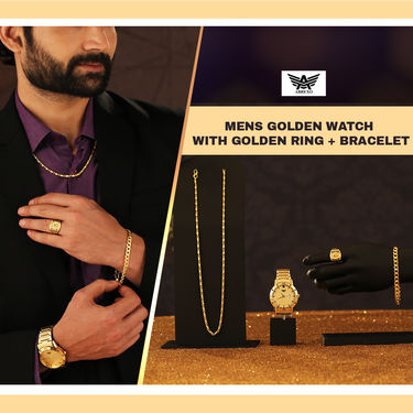 Men's Golden Watch with Golden Chain + Bracelet + Ring (MGWCBR1)