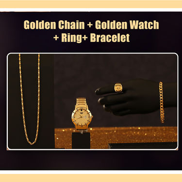 Men's Golden Watch with Golden Chain + Bracelet + Ring (MGWCBR1)