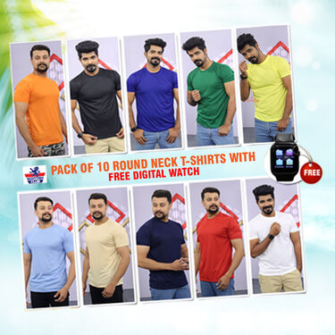 Pack of 10 Round Neck T-shirts with Free Digital Watch