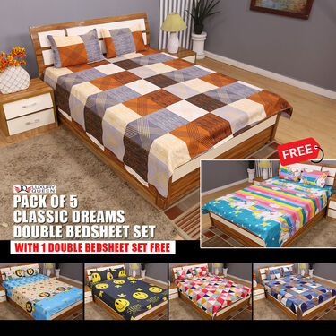 Pack of 5 Classic Dreams Double Bedsheets Set + 1 Double Bedsheet Set Free (5BS8+1)