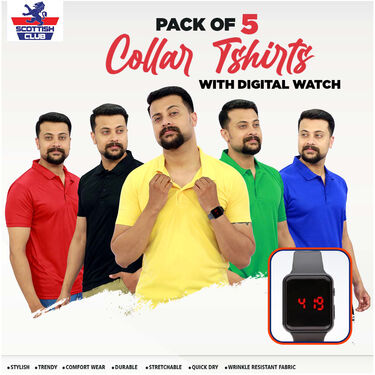 Pack of 5 Collar T-shirts with Digital Watch (5PTW1)