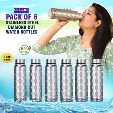 Pack of 6 Stainless Steel Diamond Cut Water Bottles (1 ltr each) (6B8)