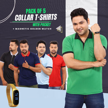Pack Of 5 Collar T-Shirts With Golden Magnetic Watch (5PTW-3)