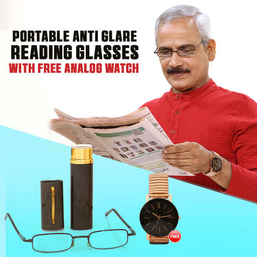 Rectangle Anti Glare Reading Glass For Men & Women With Free Analog Watch (PRG25)