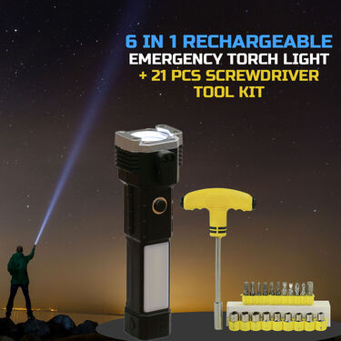 Rechargeable 6 in 1 Emergency Torch Light + 21 Pcs Screwdriver Tool Kit (L26)