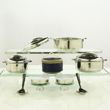 Set of 3 Steel Casseroles + 2 Serving Spoon with Free Steel Lunch Box