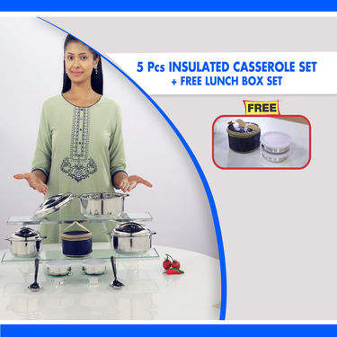 Set of 3 Steel Casseroles + 2 Serving Spoon with Free Steel Lunch Box