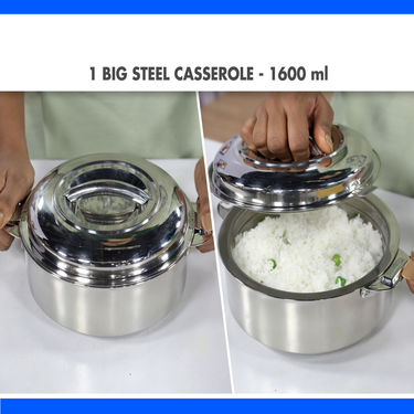 Set of 3 Steel Casseroles + 2 Serving Spoon with Free Steel Lunch Box